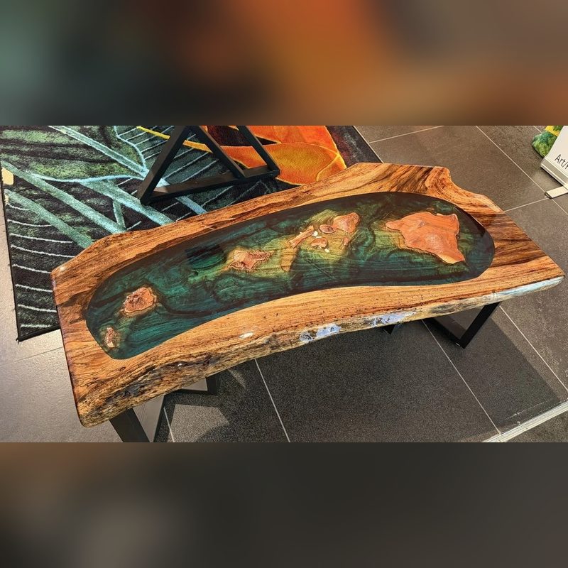 Islands & Ocean Resin Table, carved wood topographic map by Oak 'n Koa Studio, Maui